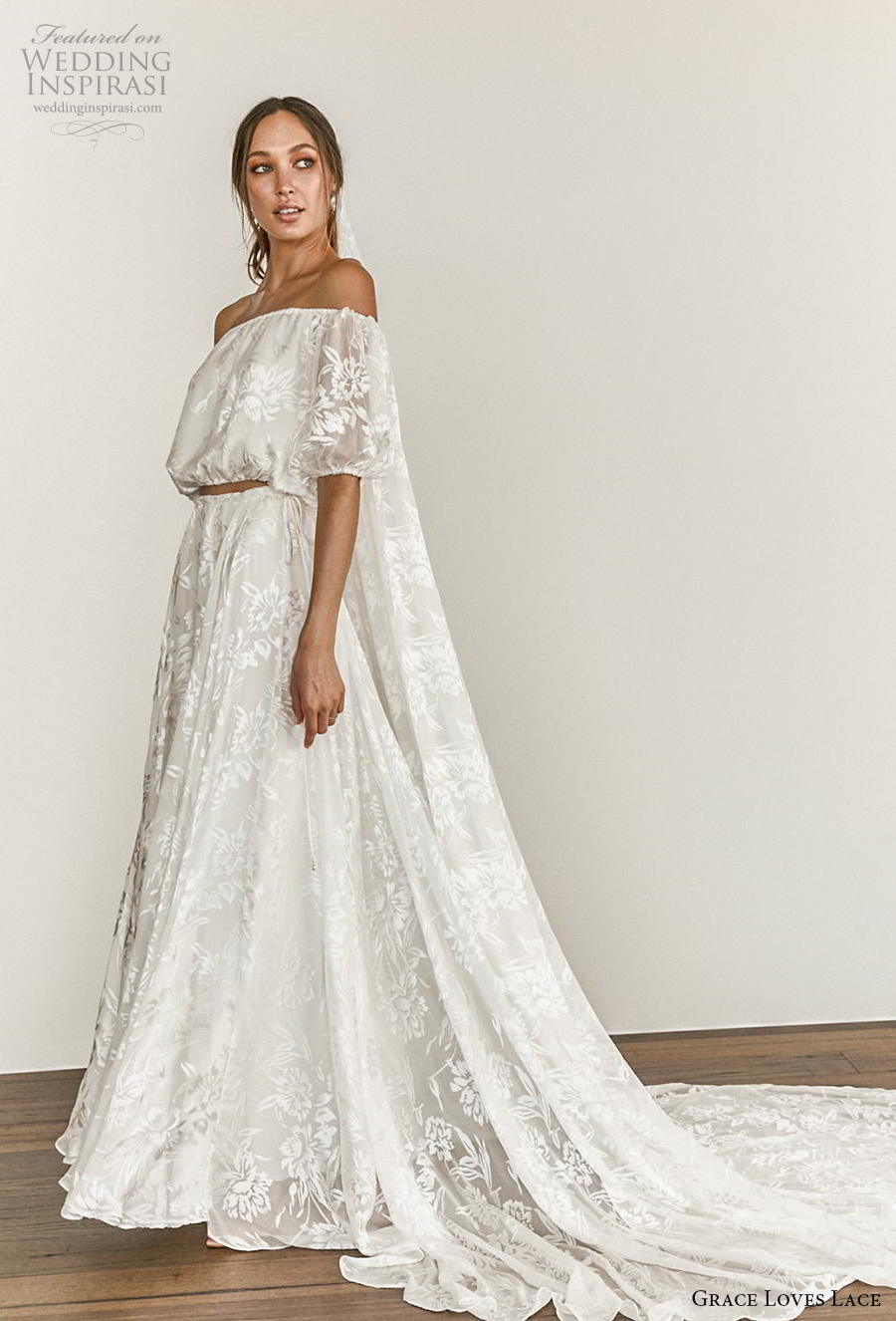 grace love lace 2020 bridal off the shoulder puff sleeves straight across full embellishment romantic two pieces a  line wedding dress medium train (9) mv 