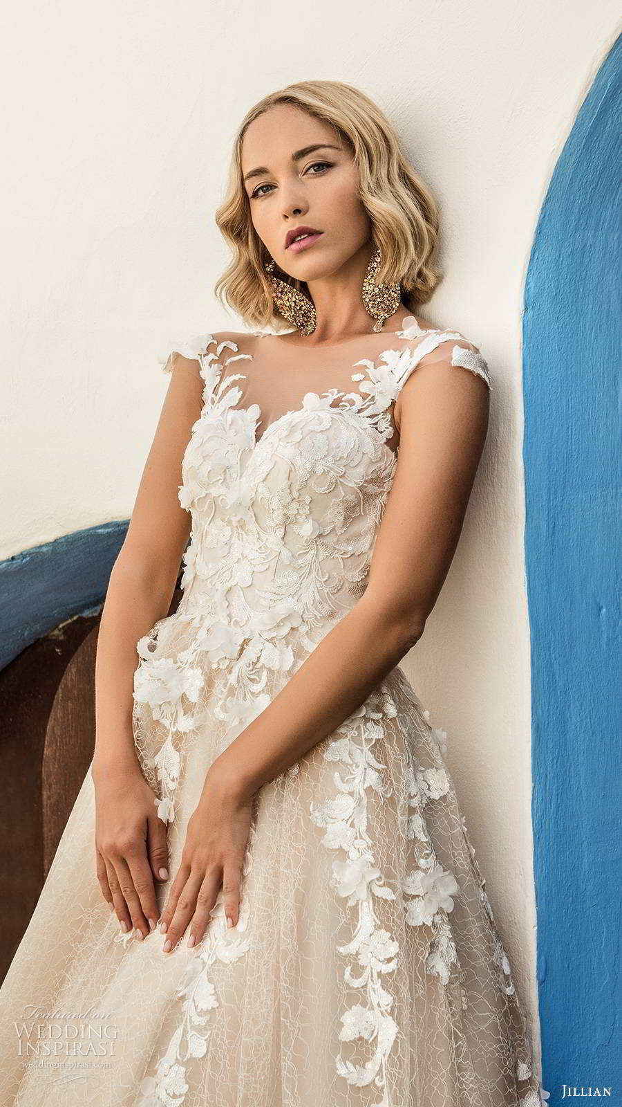 jillian sposa 2020 bridal illusion cap sleeves sweetheart neckline embellished bodice a line ball gown wedding dress chapel train blush color (2) zv