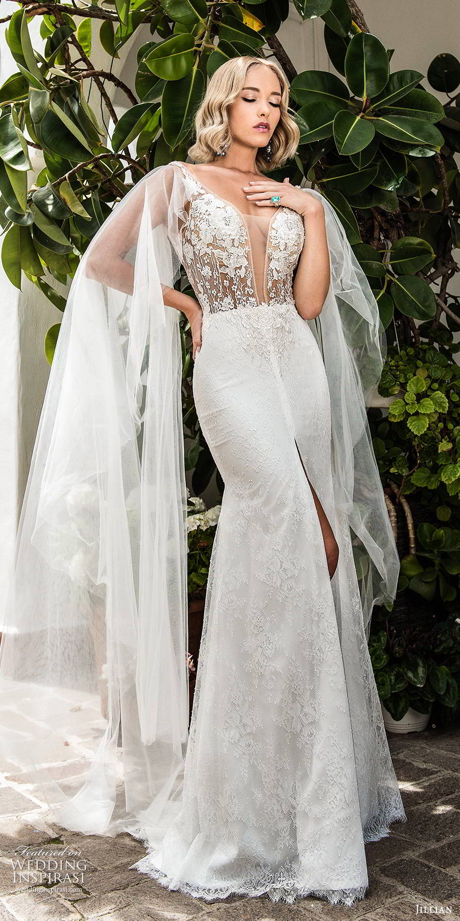 jillian sposa 2020 bridal illusion long flutter sleeves plunging v neckline slit skirt elegant glam lace fit flare wedding dress chapel train (1) mv