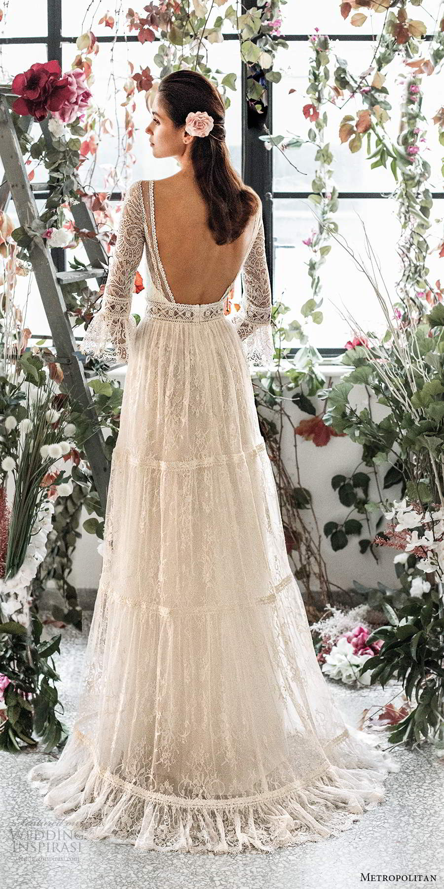 metropolitan spring 2020 bridal 3 quarter bell sleeves illusion bateau neck sweetheart neckline fully embellished lace a line boho chic wedding dress open back sweep train (8) bv