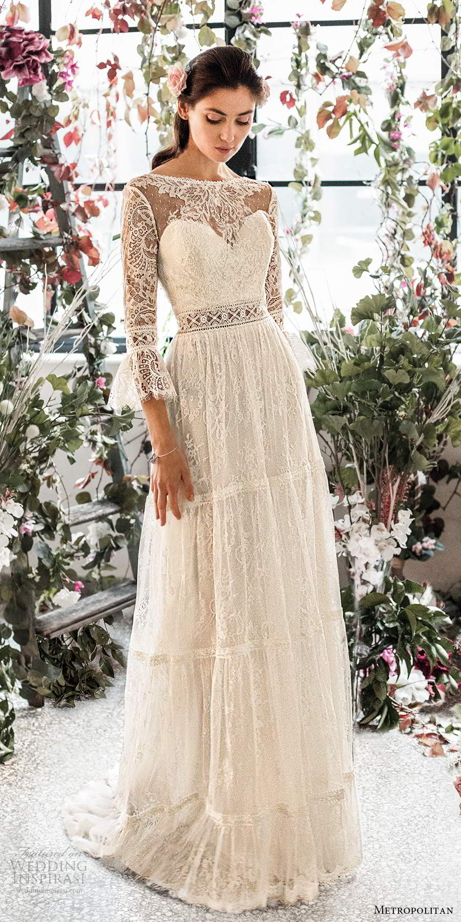 metropolitan spring 2020 bridal 3 quarter bell sleeves illusion bateau neck sweetheart neckline fully embellished lace a line boho chic wedding dress open back sweep train (8) mv