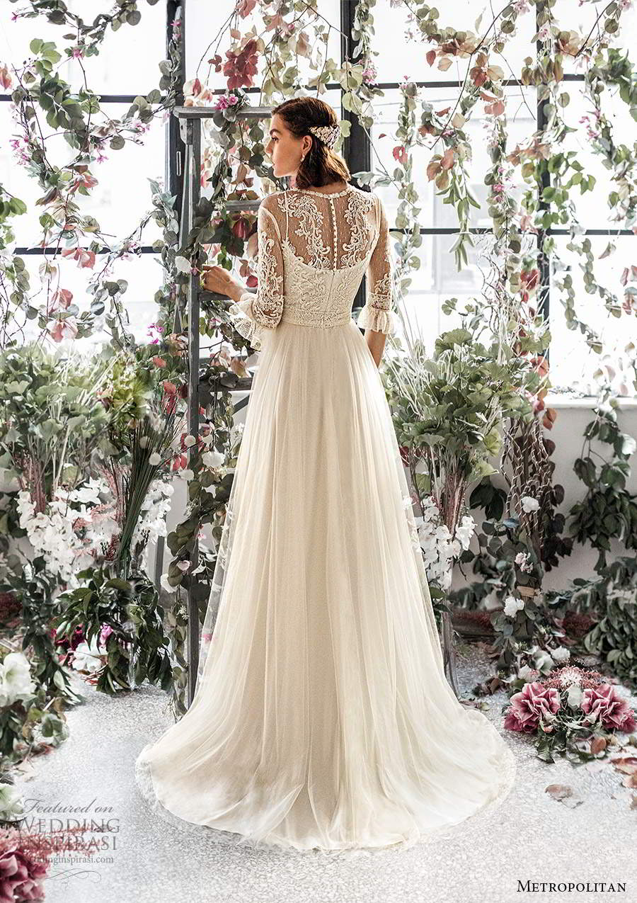 metropolitan spring 2020 bridal illusion 3 quarter sleeves jewel neckline embellished lace bodice a line wedding dress chapel train (18) bv