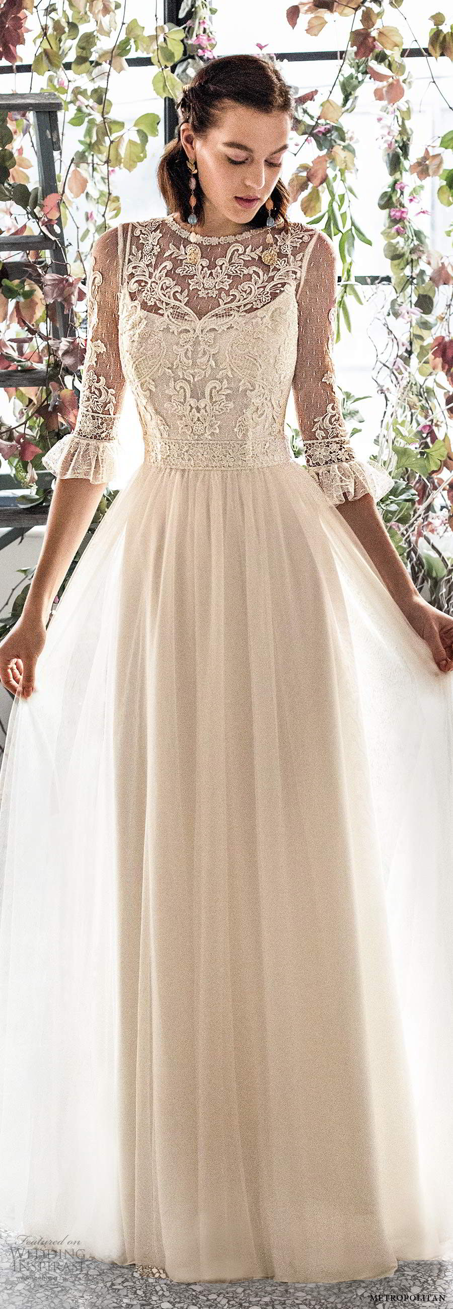 metropolitan spring 2020 bridal illusion 3 quarter sleeves jewel neckline embellished lace bodice a line wedding dress chapel train (18) mv