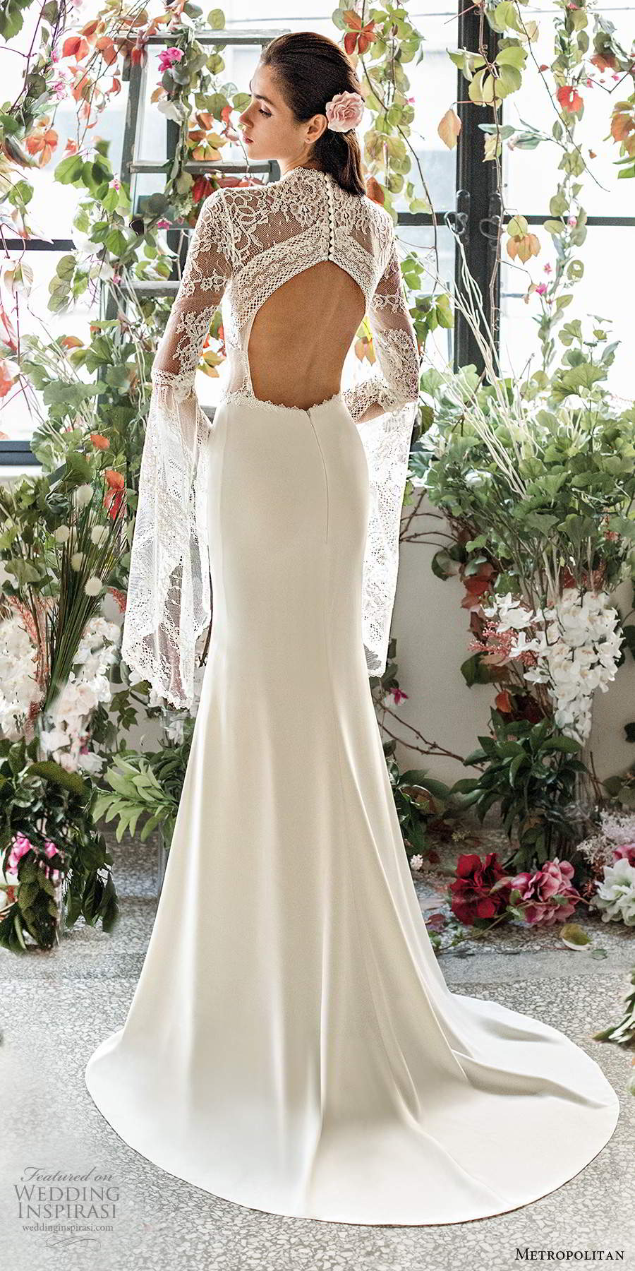 metropolitan spring 2020 bridal illusion flare long sleeves high neck sheer lace bodice modified a line sheath boho chic wedding dress keyhole back chapel train (5) bv