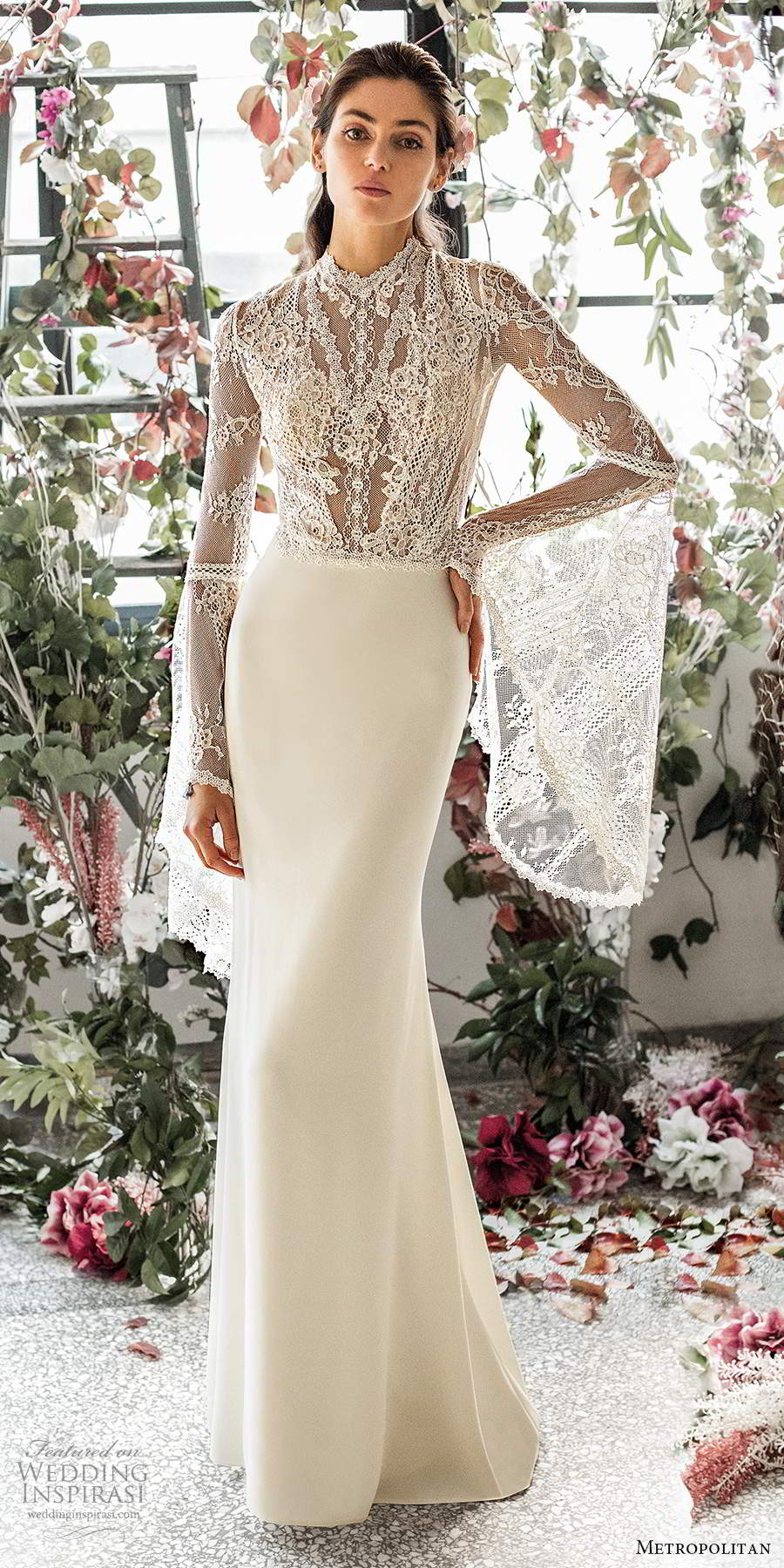 metropolitan spring 2020 bridal illusion flare long sleeves high neck sheer lace bodice modified a line sheath boho chic wedding dress keyhole back chapel train (5) mv