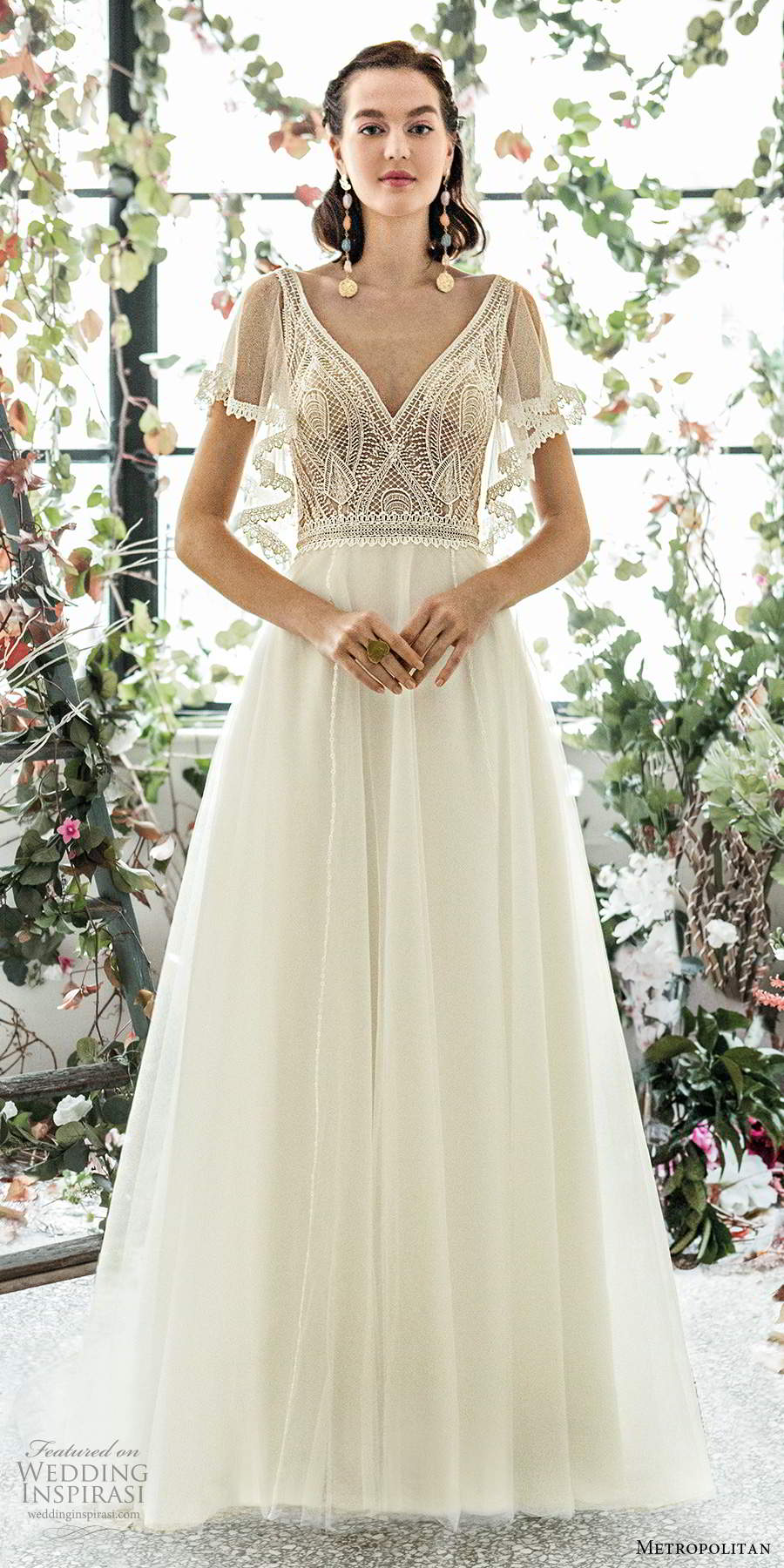 metropolitan spring 2020 bridal illusion flutter sleeves v neckline embellished lace bodice a line wedding dress sweep train (20) mv