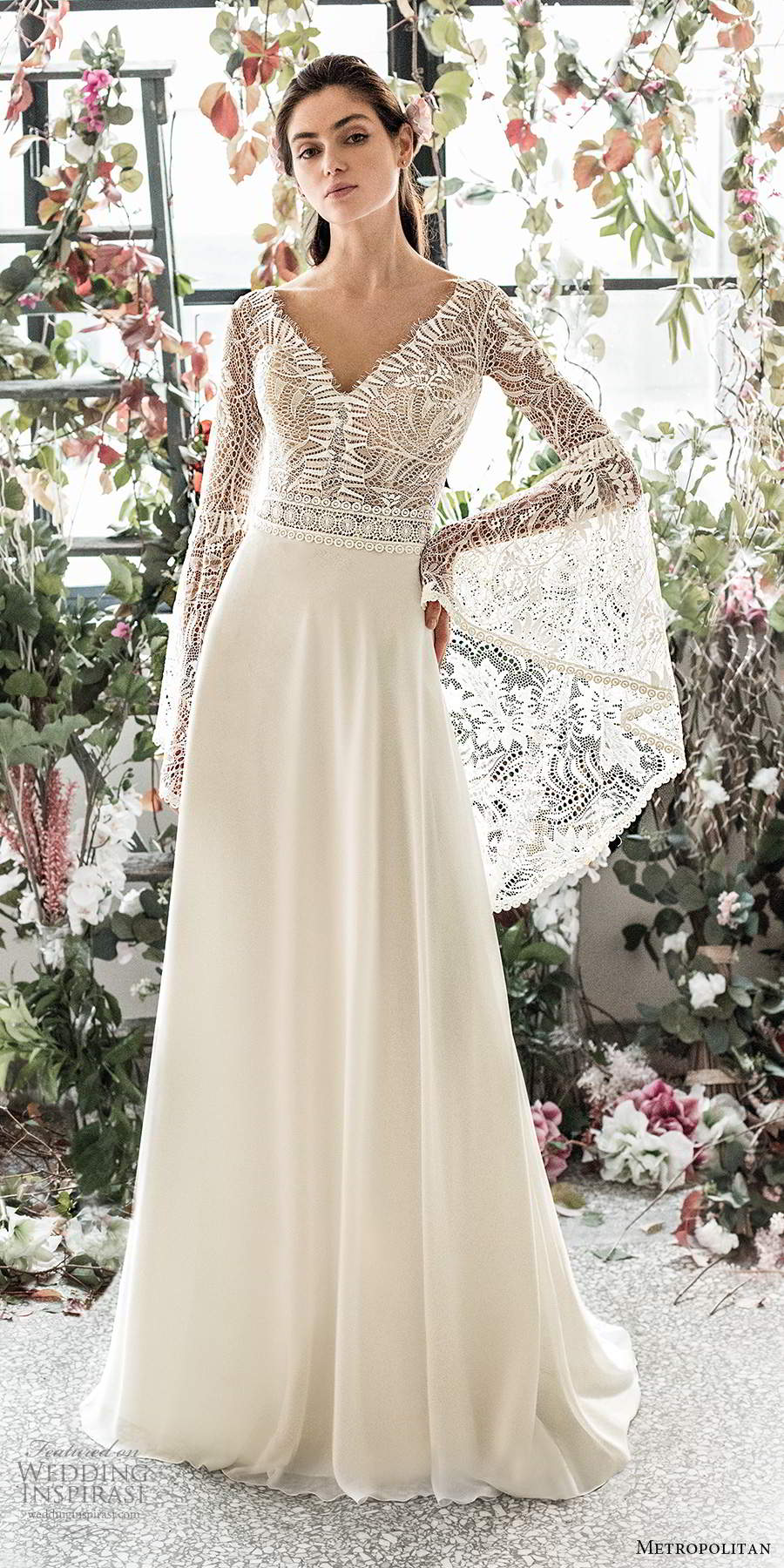 metropolitan spring 2020 bridal illusion long flare sleeves v neckline embellished lace bodice boho chic a line wedding dress v back chapel train (11) mv