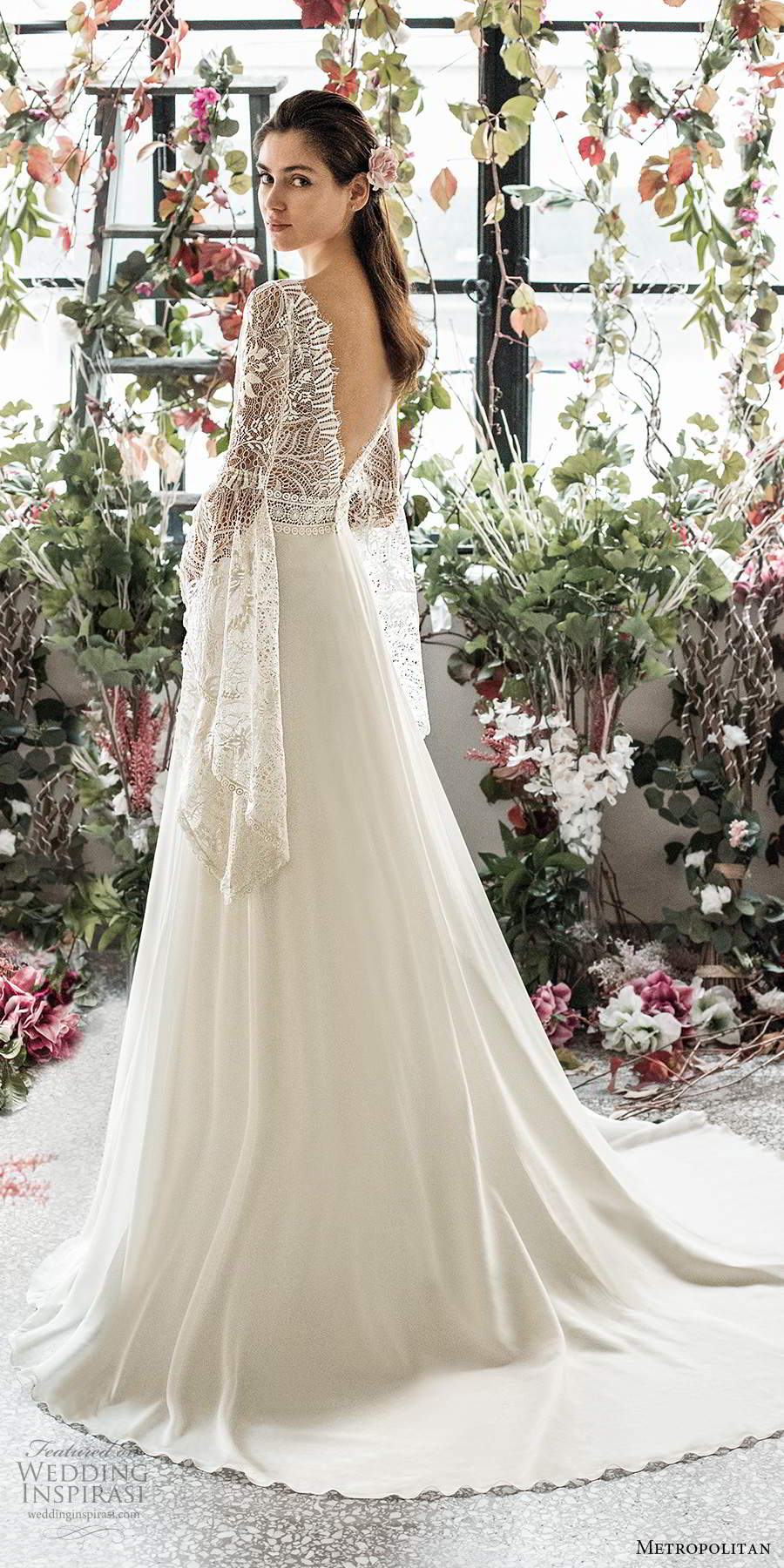 metropolitan spring 2020 bridal illusion long flare sleeves v neckline embellished lace bodice boho chic a line wedding dress v back chapel train (11) sv