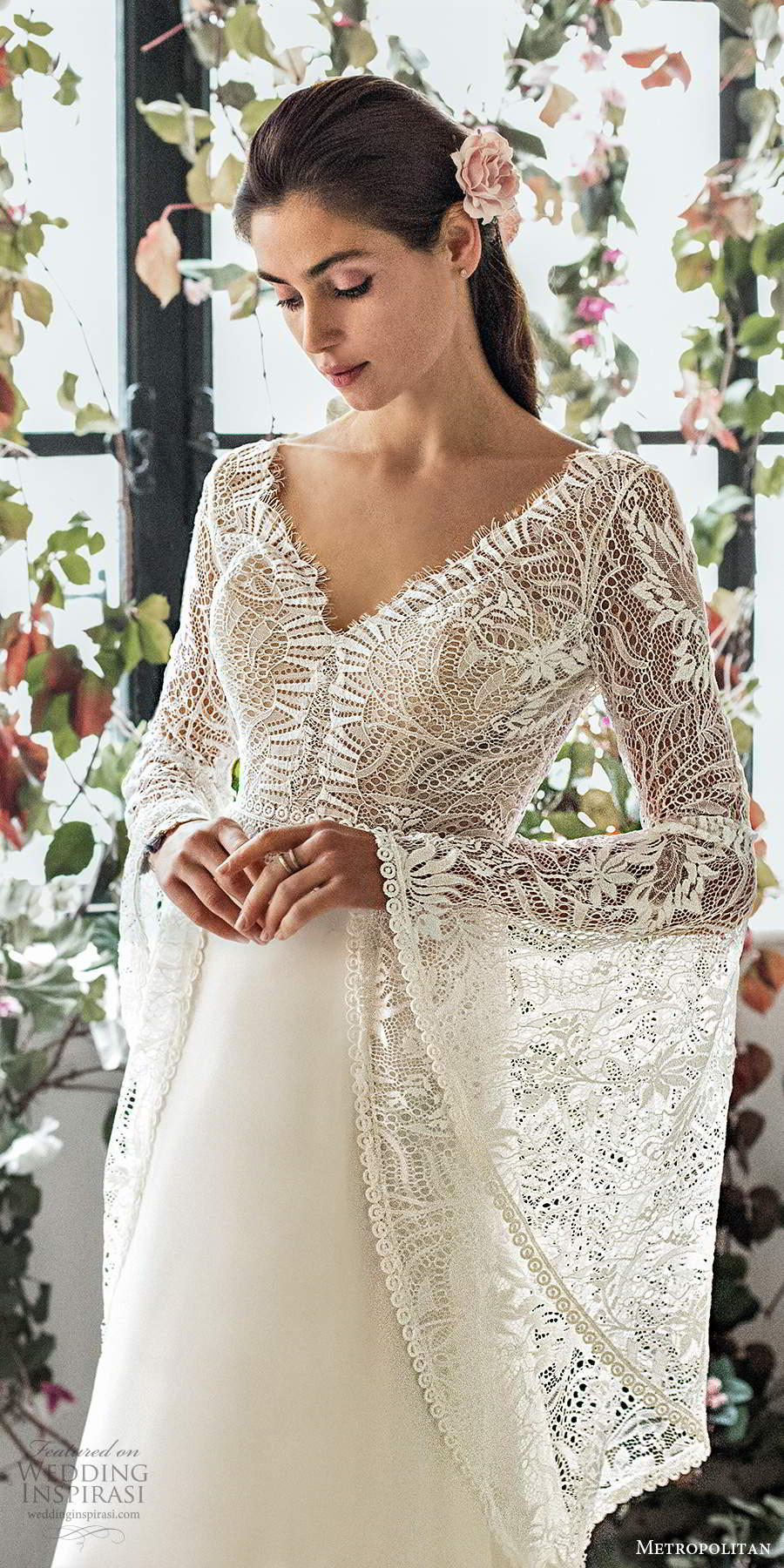 metropolitan spring 2020 bridal illusion long flare sleeves v neckline embellished lace bodice boho chic a line wedding dress v back chapel train (11) zv