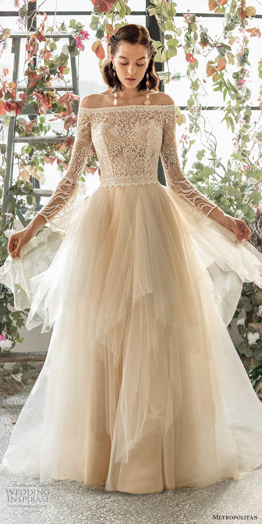 metropolitan spring 2020 bridal illusion long sleeve off shoulder straight across neckline embellished lace bodce tiered skirt ball gown a line wedding dress chapel train (2) mv