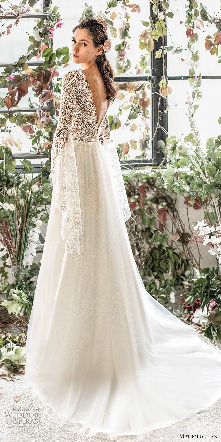 metropolitan spring 2020 bridal long flare sleeve scalloped v neckline embellished lace bodice soft a line wedding dress v back chapel train (1) bv