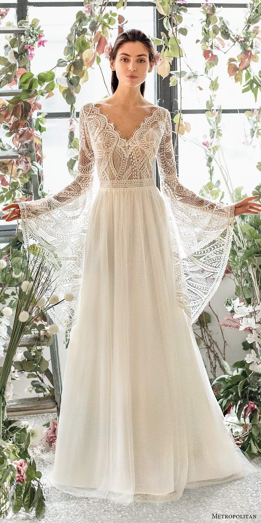 metropolitan spring 2020 bridal long flare sleeve scalloped v neckline embellished lace bodice soft a line wedding dress v back chapel train (1) mv