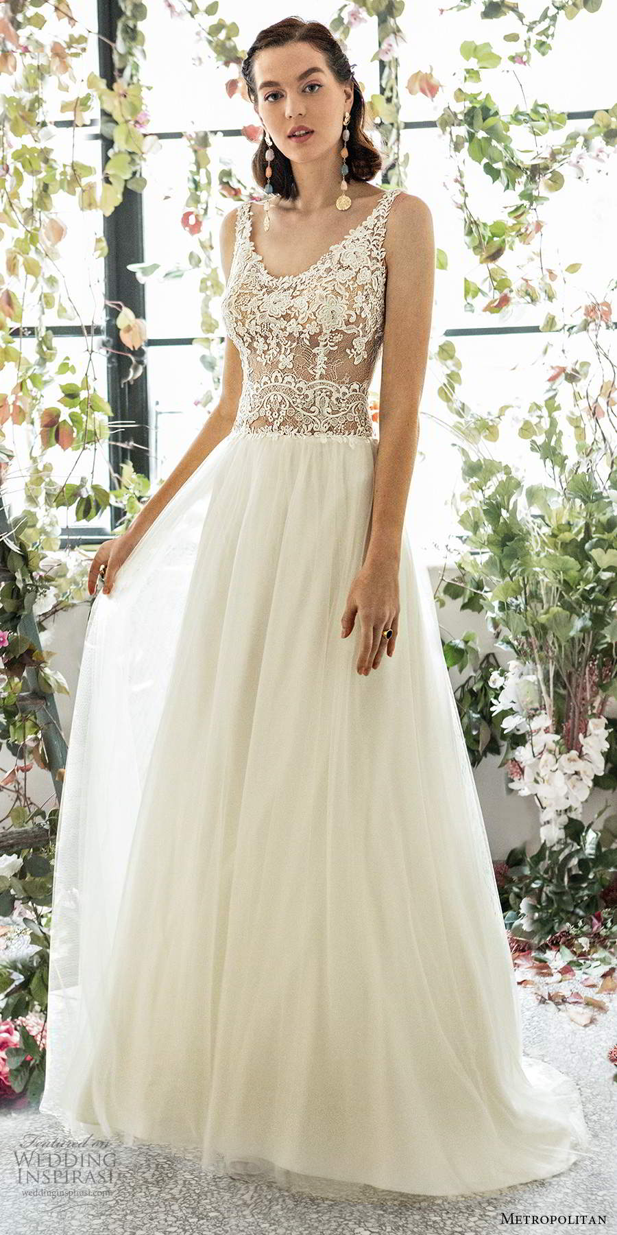 metropolitan spring 2020 bridal sleeveless lace straps embellished lace sheer bodice romantic a line wedding dress (6) scoop back chapel train mv