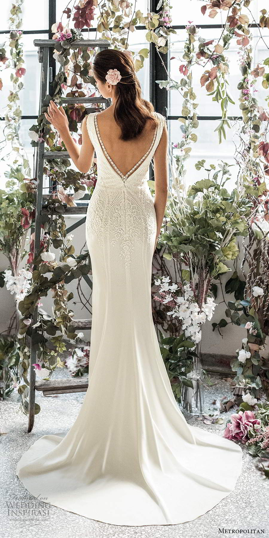 metropolitan spring 2020 bridal sleeveless thick straps plunging v neckline embellished bodice clean skirt sheath wedding dress v back chapel train (14) bv