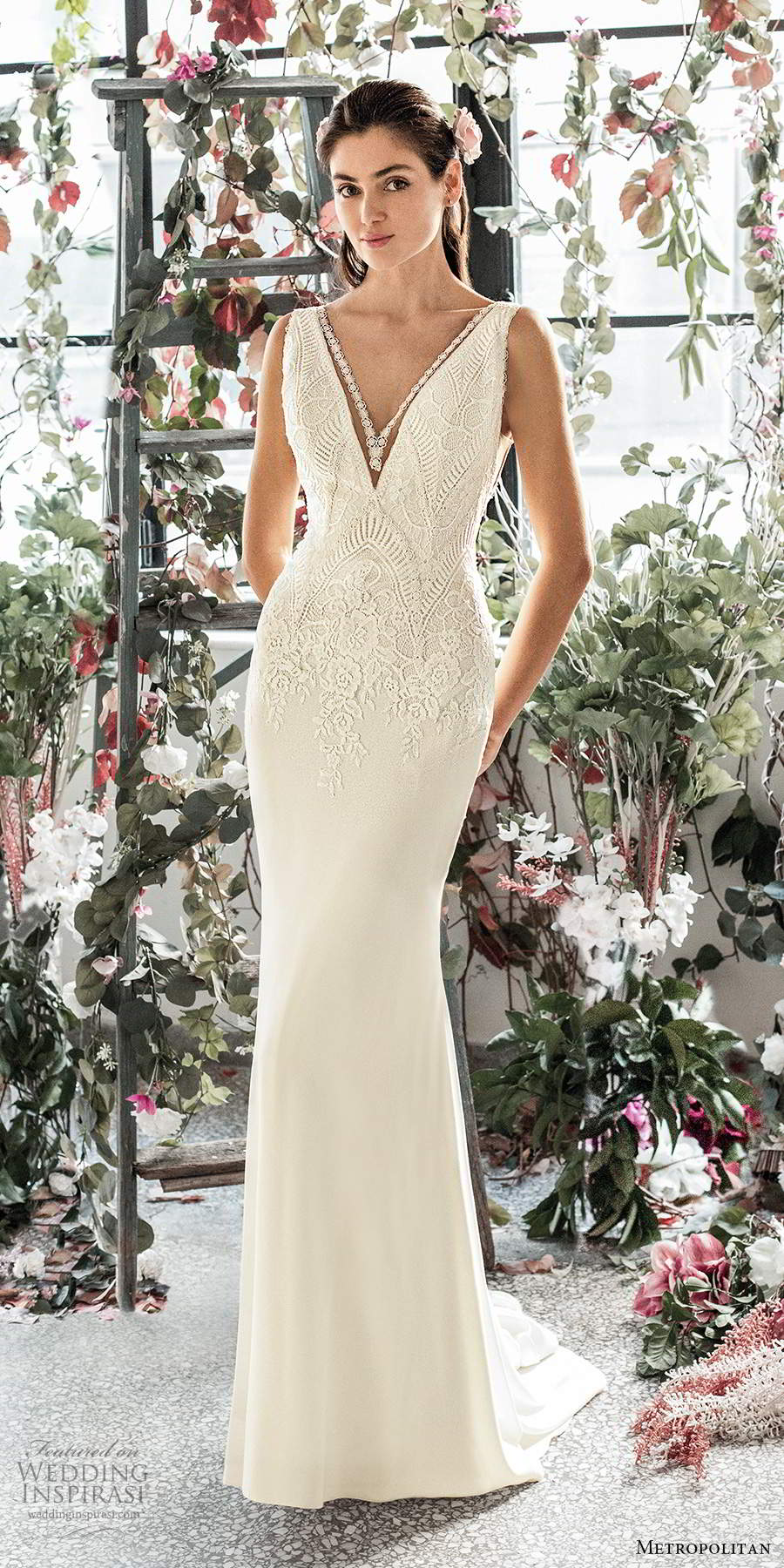 metropolitan spring 2020 bridal sleeveless thick straps plunging v neckline embellished bodice clean skirt sheath wedding dress v back chapel train (14) mv