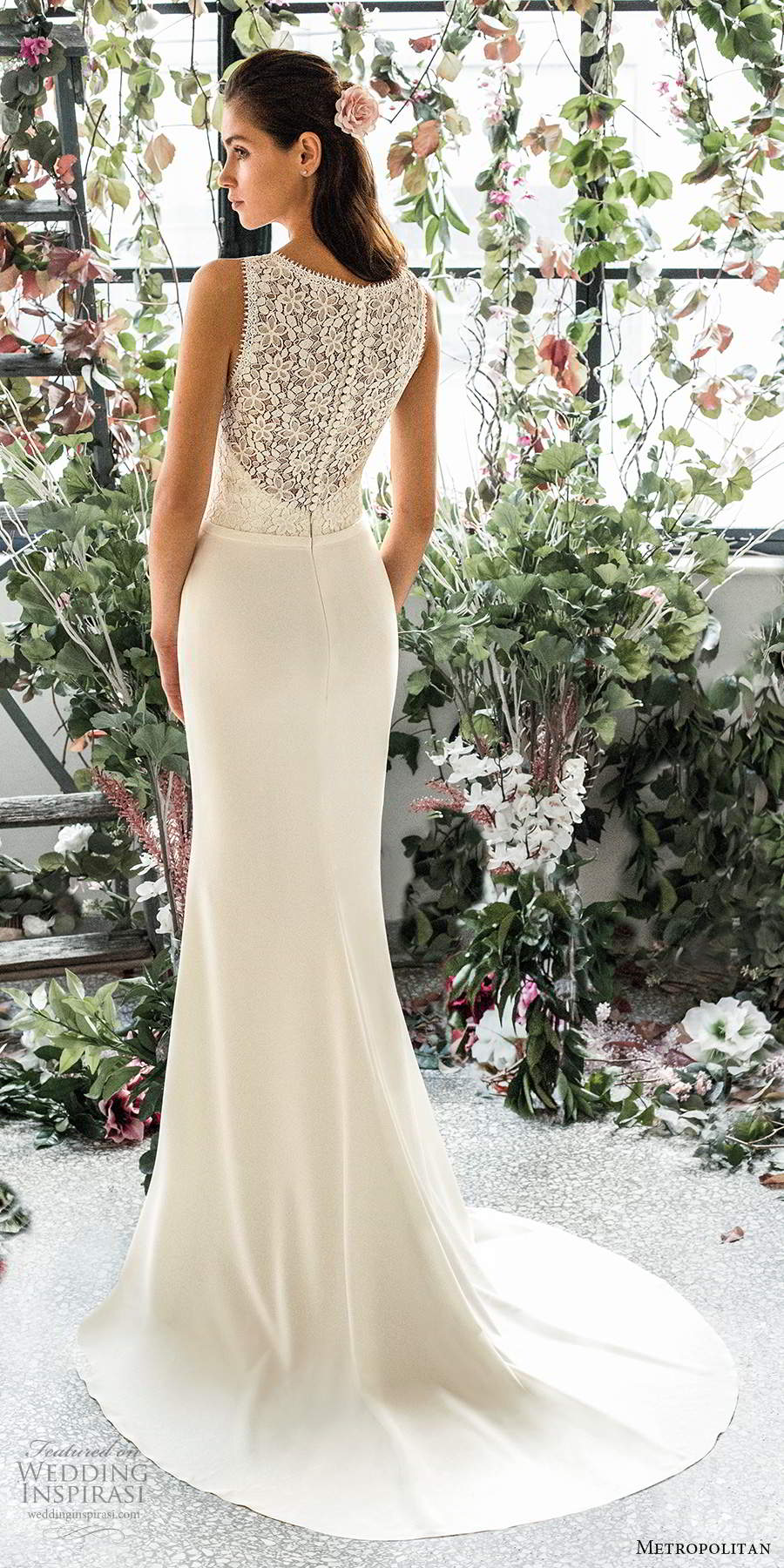 metropolitan spring 2020 bridal sleeveless thick straps plunging v neckline embellished lace bodice clean skirt elegant sheath wedding dress lace back chapel train (16) bv