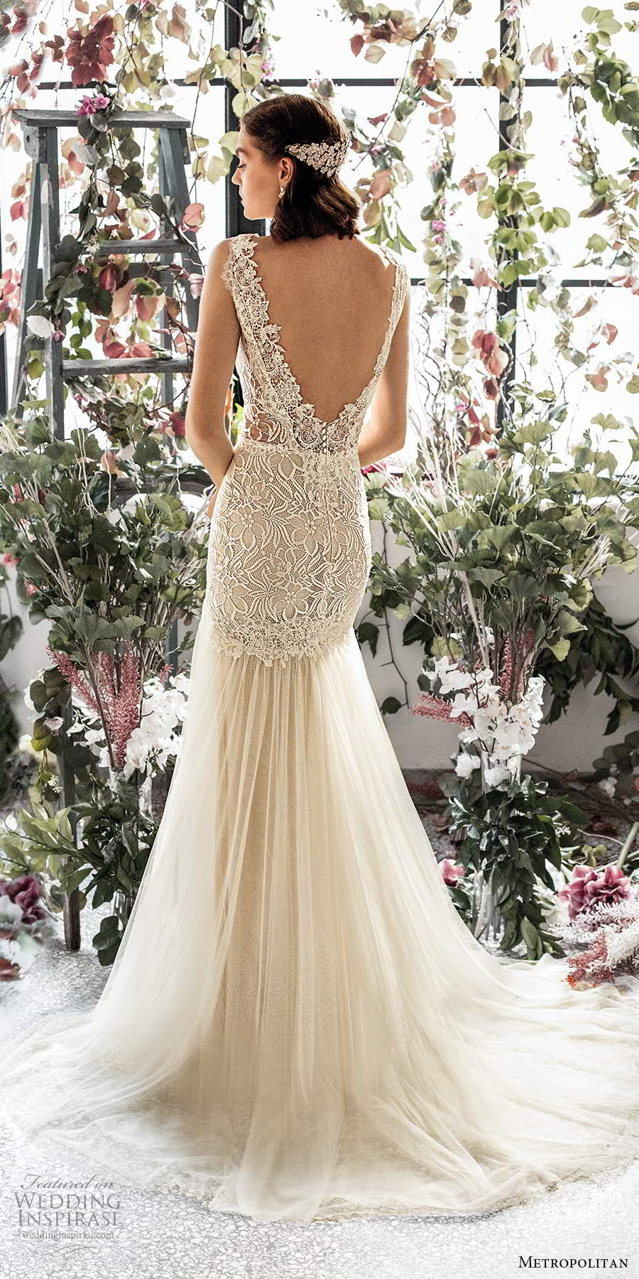 metropolitan spring 2020 bridal sleeveless thick straps plunging v neckline embellished lace bodice fit flare mermaid wedding dress scoop back chapel train (7) bv