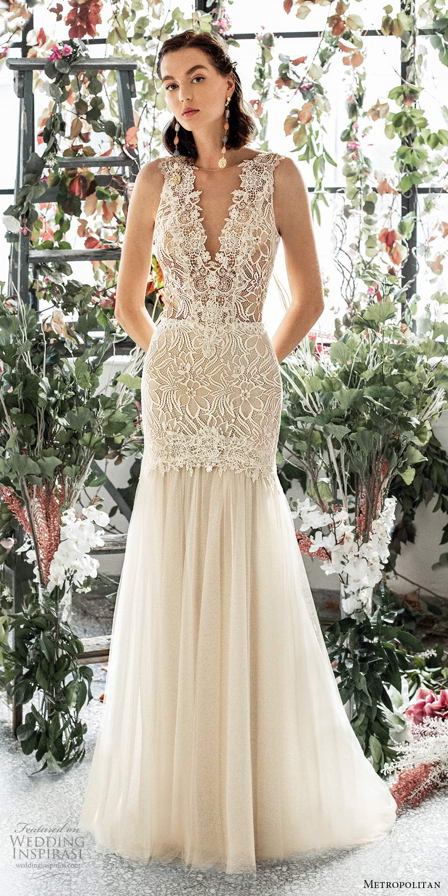 metropolitan spring 2020 bridal sleeveless thick straps plunging v neckline embellished lace bodice fit flare mermaid wedding dress scoop back chapel train (7) mv