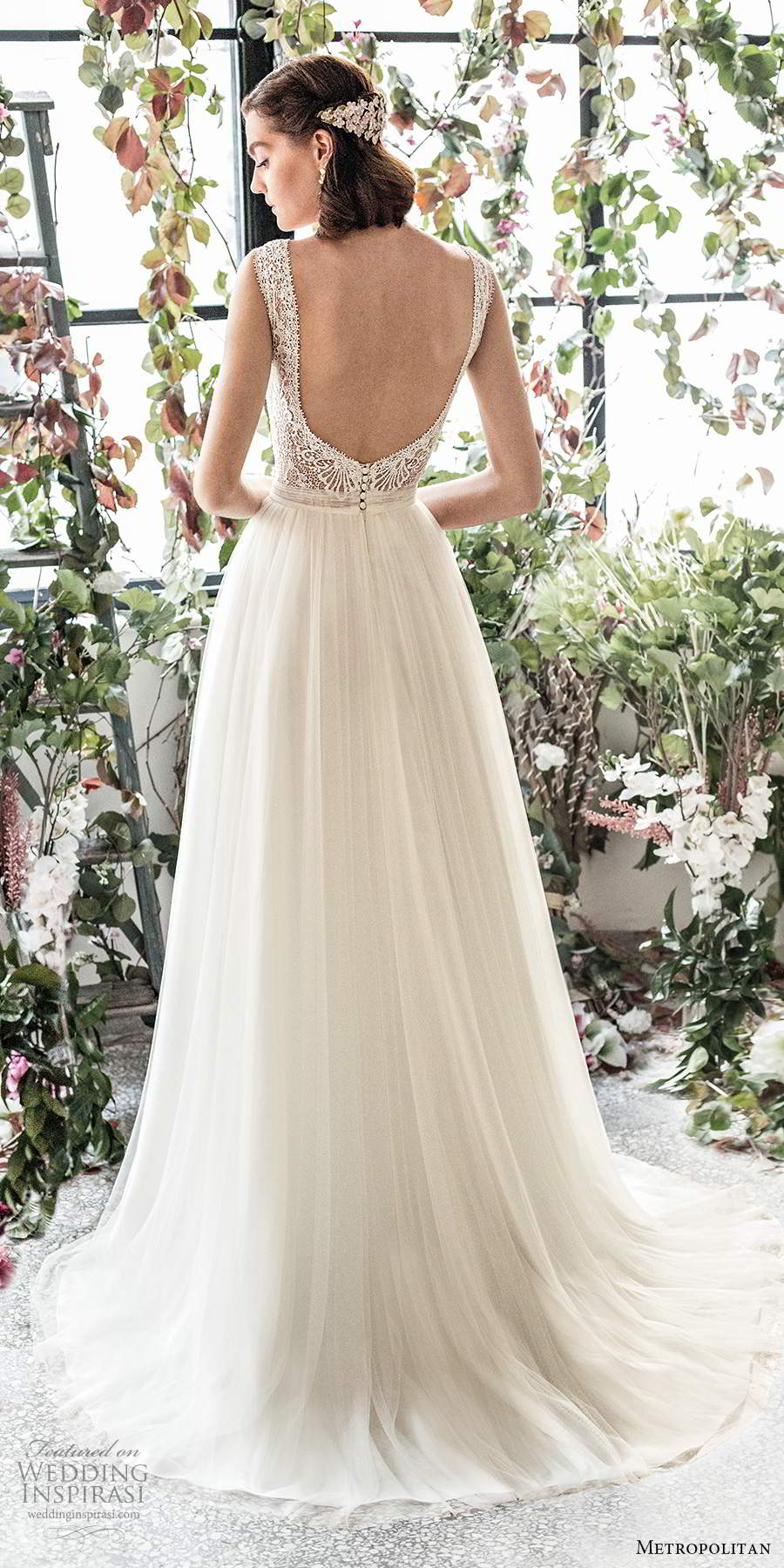 metropolitan spring 2020 bridal sleeveless thick straps plunging v neckline embellished lace bodice soft a line wedding dress (19) bv