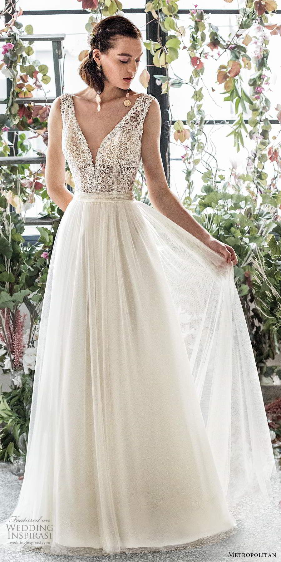 metropolitan spring 2020 bridal sleeveless thick straps plunging v neckline embellished lace bodice soft a line wedding dress (19) mv