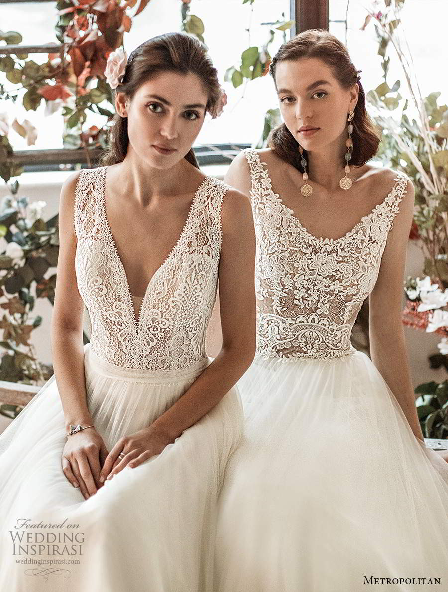 metropolitan spring 2020 bridal sleeveless thick straps plunging v neckline embellished lace bodice soft a line wedding dress (22) mv