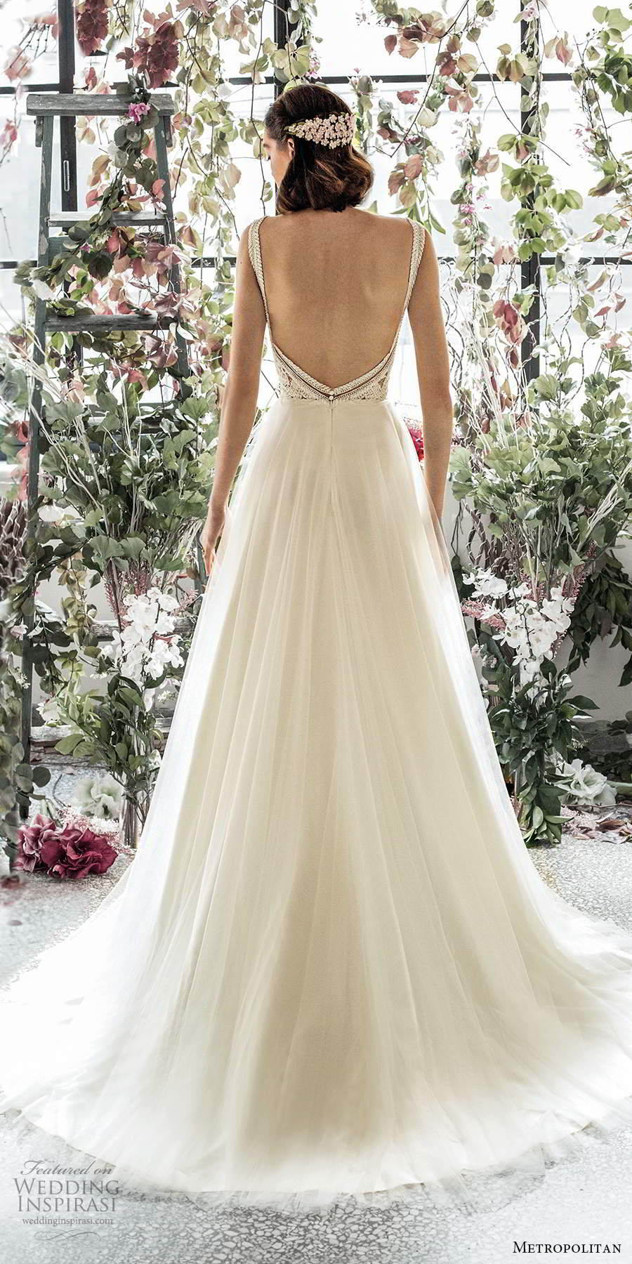 metropolitan spring 2020 bridal sleeveless thick straps plunging v neckline embellished lace bodice soft a line wedding dress low back chapel train (12) bv