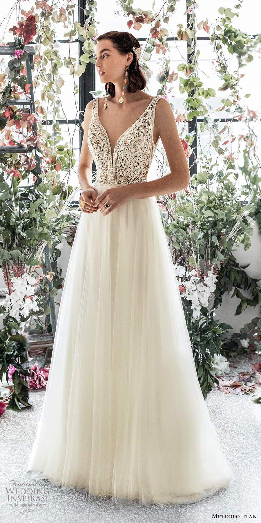 metropolitan spring 2020 bridal sleeveless thick straps plunging v neckline embellished lace bodice soft a line wedding dress low back chapel train (12) mv