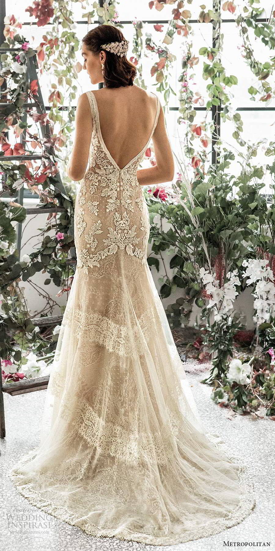 metropolitan spring 2020 bridal sleeveless thick straps plunging v neckline fully embellished lace sheath fit flare trumpet wedding dress v back chapel train (9) bv