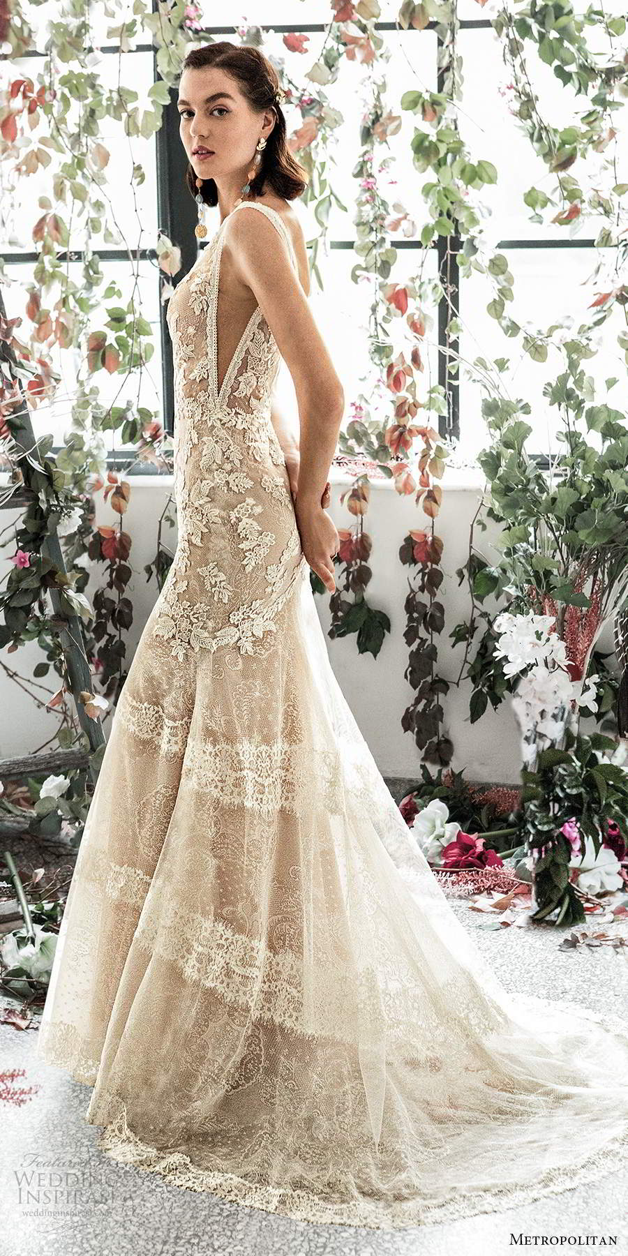 metropolitan spring 2020 bridal sleeveless thick straps plunging v neckline fully embellished lace sheath fit flare trumpet wedding dress v back chapel train (9) sv