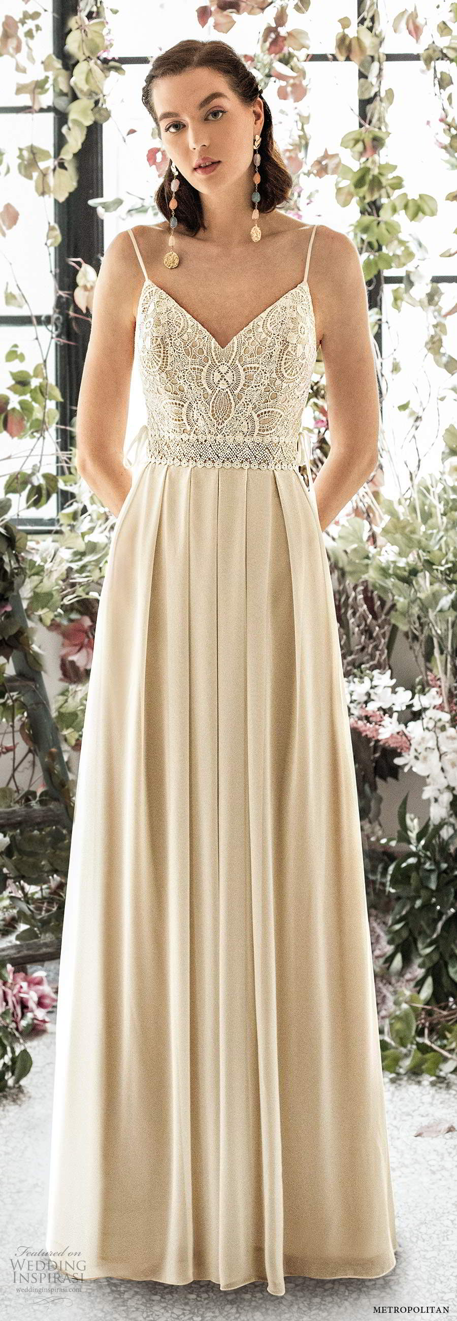 metropolitan spring 2020 bridal sleeveless thin straps v neckline embellished lace bodice pleated skirt a line wedding dress scoop back chapel train (10) mv