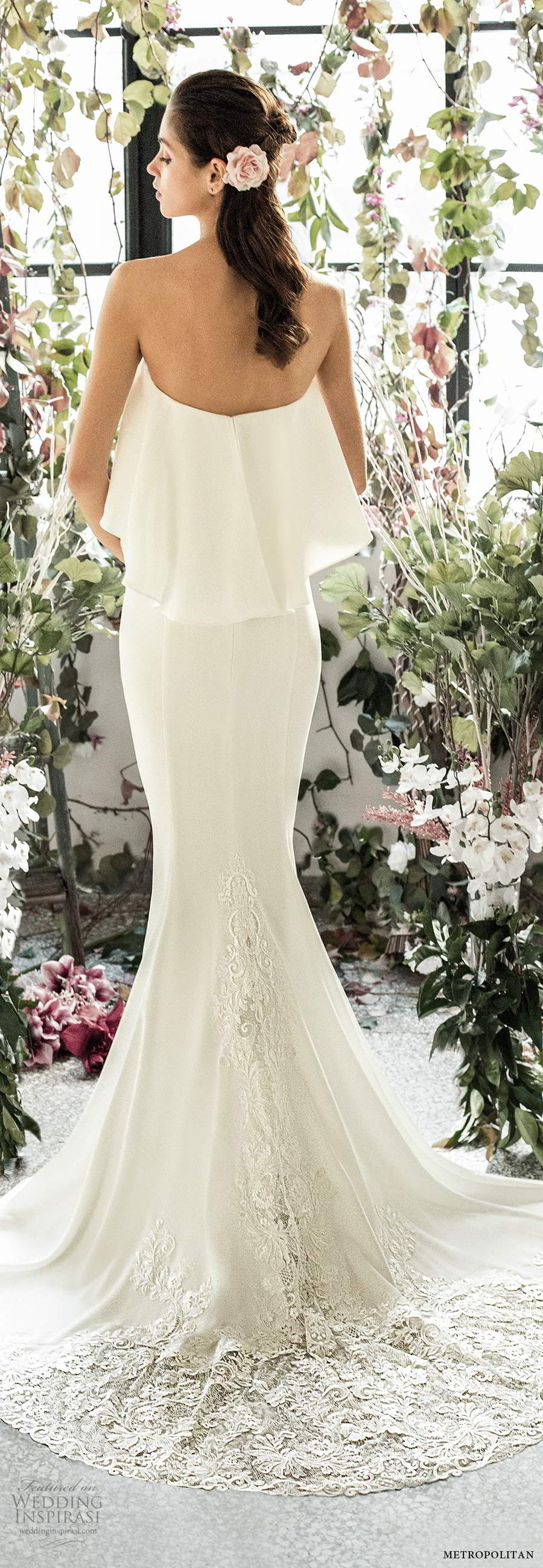 metropolitan spring 2020 bridal strapless semi sweetheart clean minimalist sheath fit flare wedding dress chapel train (15) bv