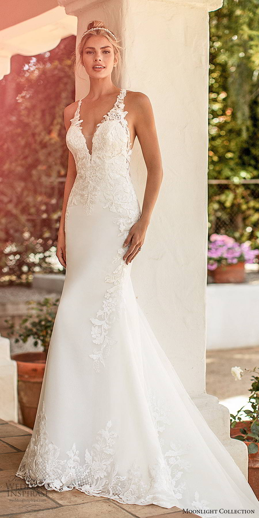 moonlight collection spring 2020 bridal sleeveless sheer straps plunging v neckline embellished bodice elegant sexy sheath fit flare wedding dress cutout back chapel train (11) mv