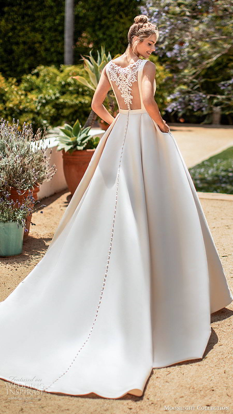 moonlight collection spring 2020 bridal sleeveless straps bateau neckline minimalist clean romantic a line ball gown wedding dress sheer back chapel train (2) bv