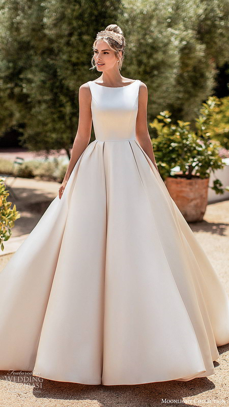 moonlight collection spring 2020 bridal sleeveless straps bateau neckline minimalist clean romantic a line ball gown wedding dress sheer back chapel train (2) mv