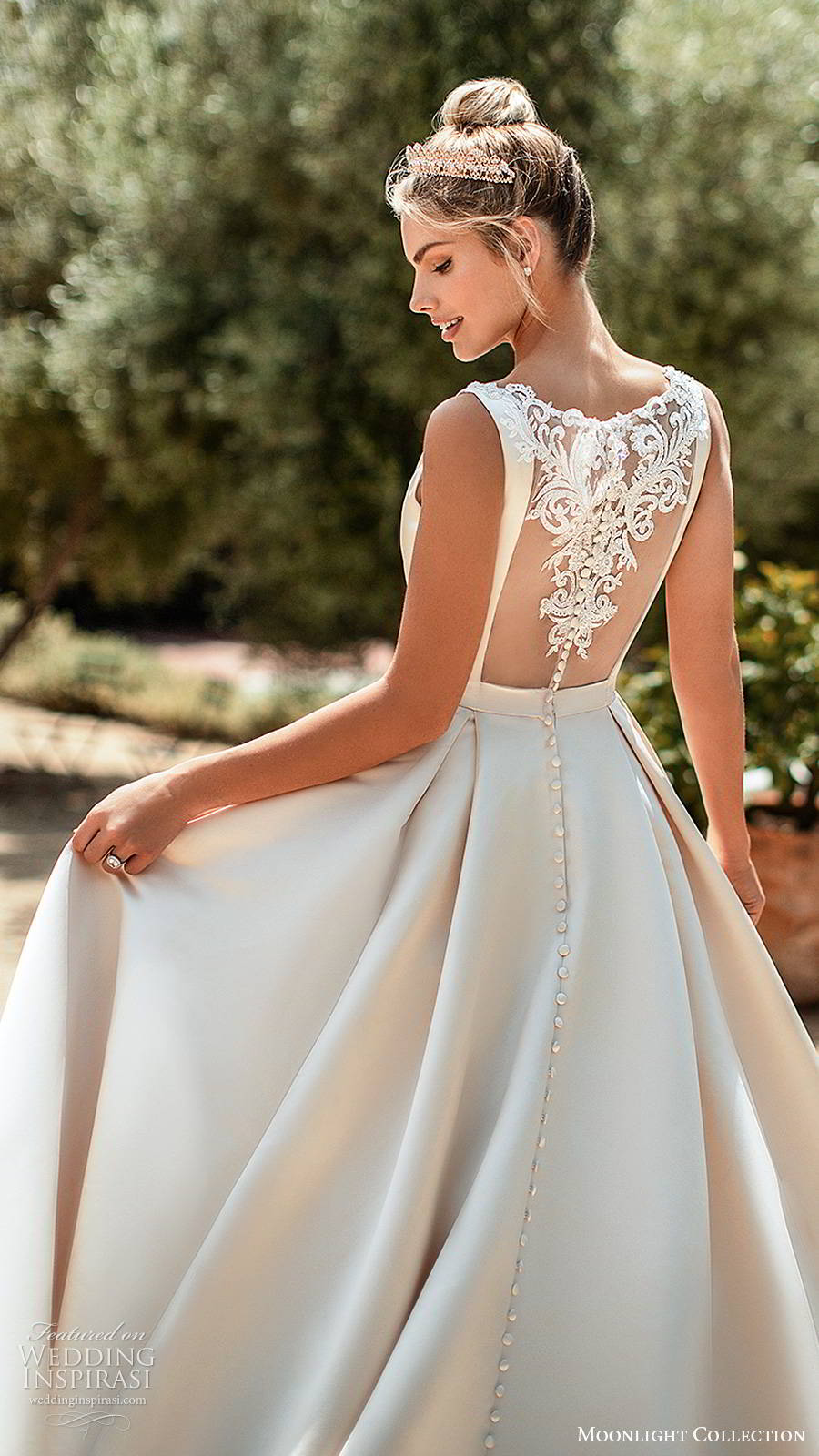 moonlight collection spring 2020 bridal sleeveless straps bateau neckline minimalist clean romantic a line ball gown wedding dress sheer back chapel train (2) zbv