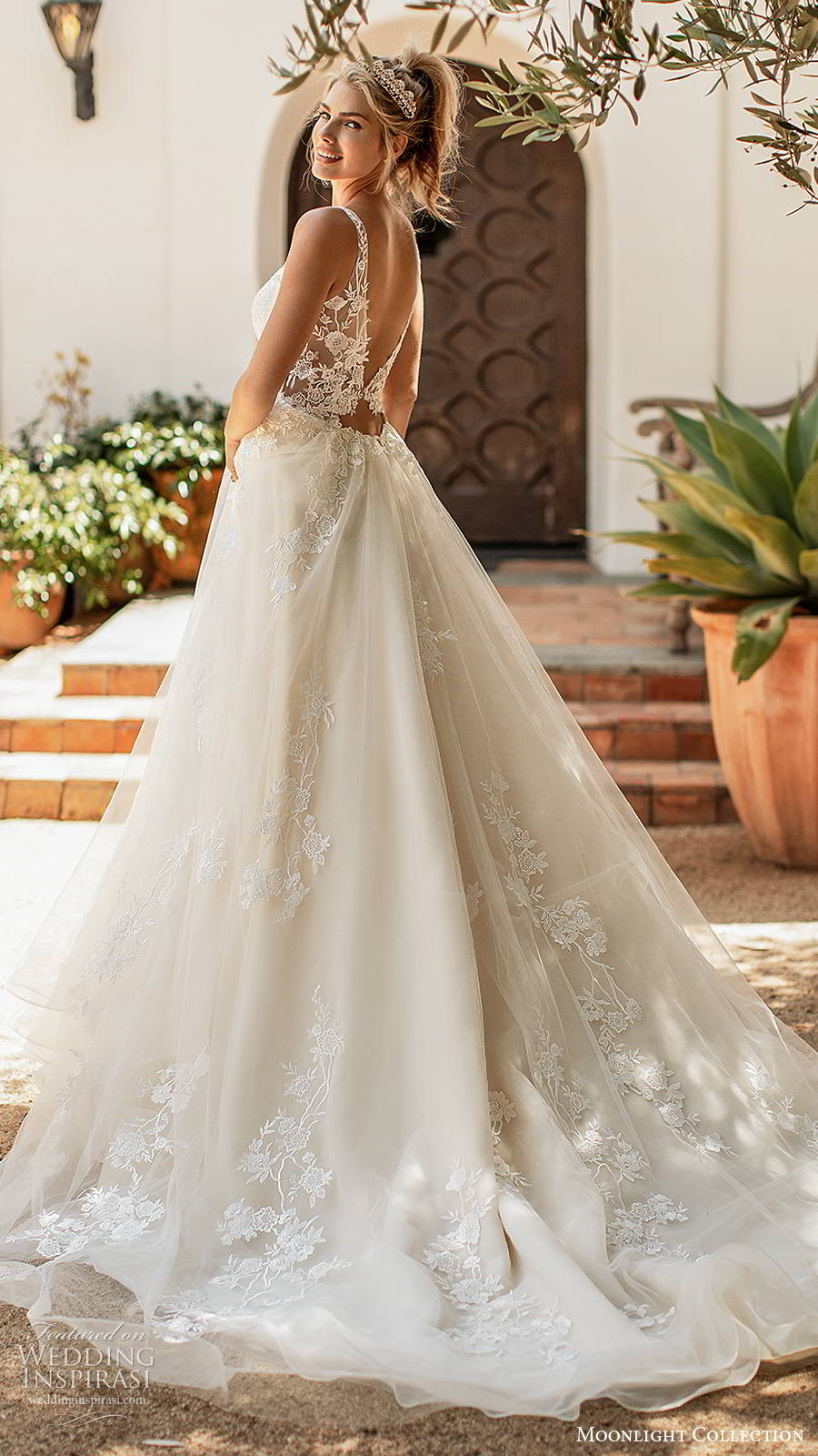 moonlight collection spring 2020 bridal sleeveless straps plunging v neckline fully embellished romantic lace a line ball gown wedding dress v back chapel train (1) bv