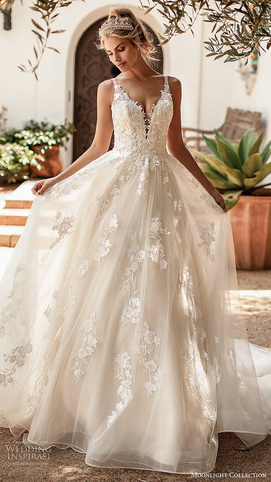 moonlight collection spring 2020 bridal sleeveless straps plunging v neckline fully embellished romantic lace a line ball gown wedding dress v back chapel train (1) mv