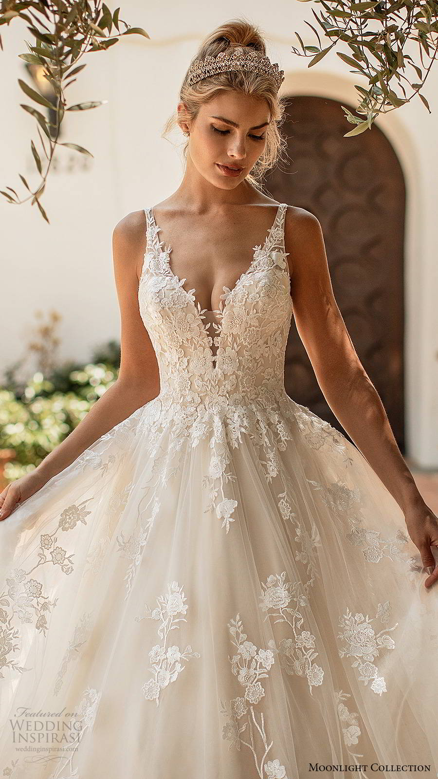 moonlight collection spring 2020 bridal sleeveless straps plunging v neckline fully embellished romantic lace a line ball gown wedding dress v back chapel train (1) zv