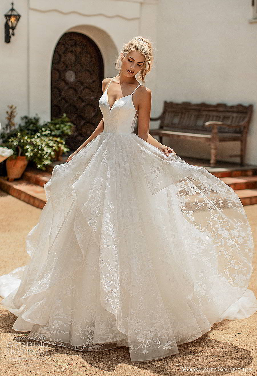 moonlight collection spring 2020 bridal sleeveless thin straps sweetheart neckline tiered skirt fully embellished romantic lace a line ball gown wedding dress cutout back chapel train (7) mv