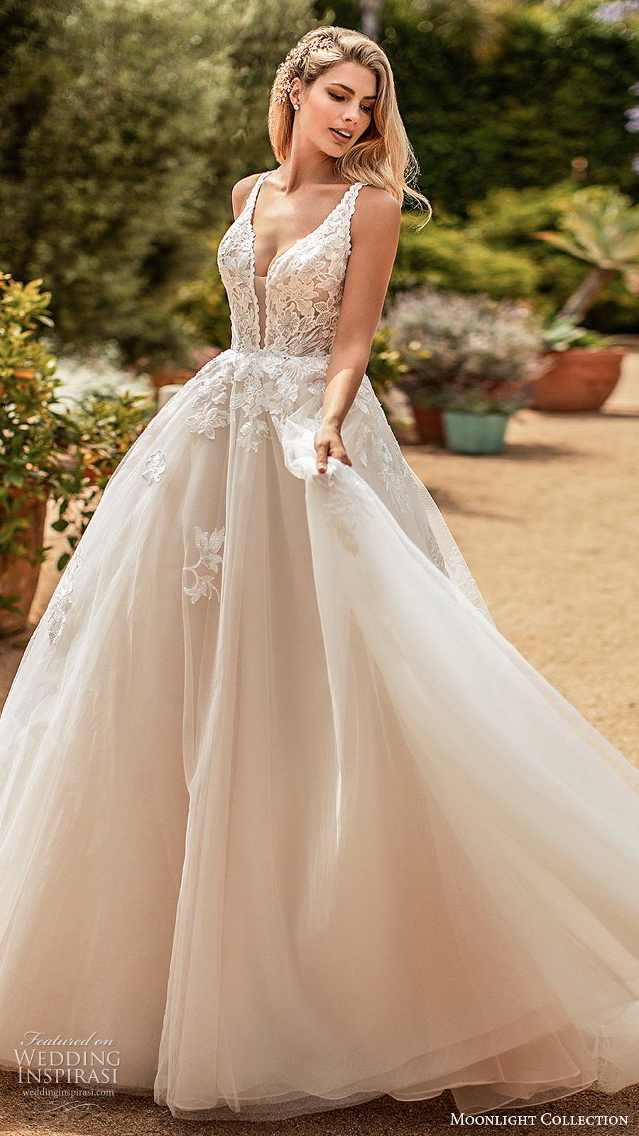 moonlight collection spring 2020 bridal sleevess thick straps plunging v neckline embellished bodice princess ball gown wedding dress v back chapel train (6) mv