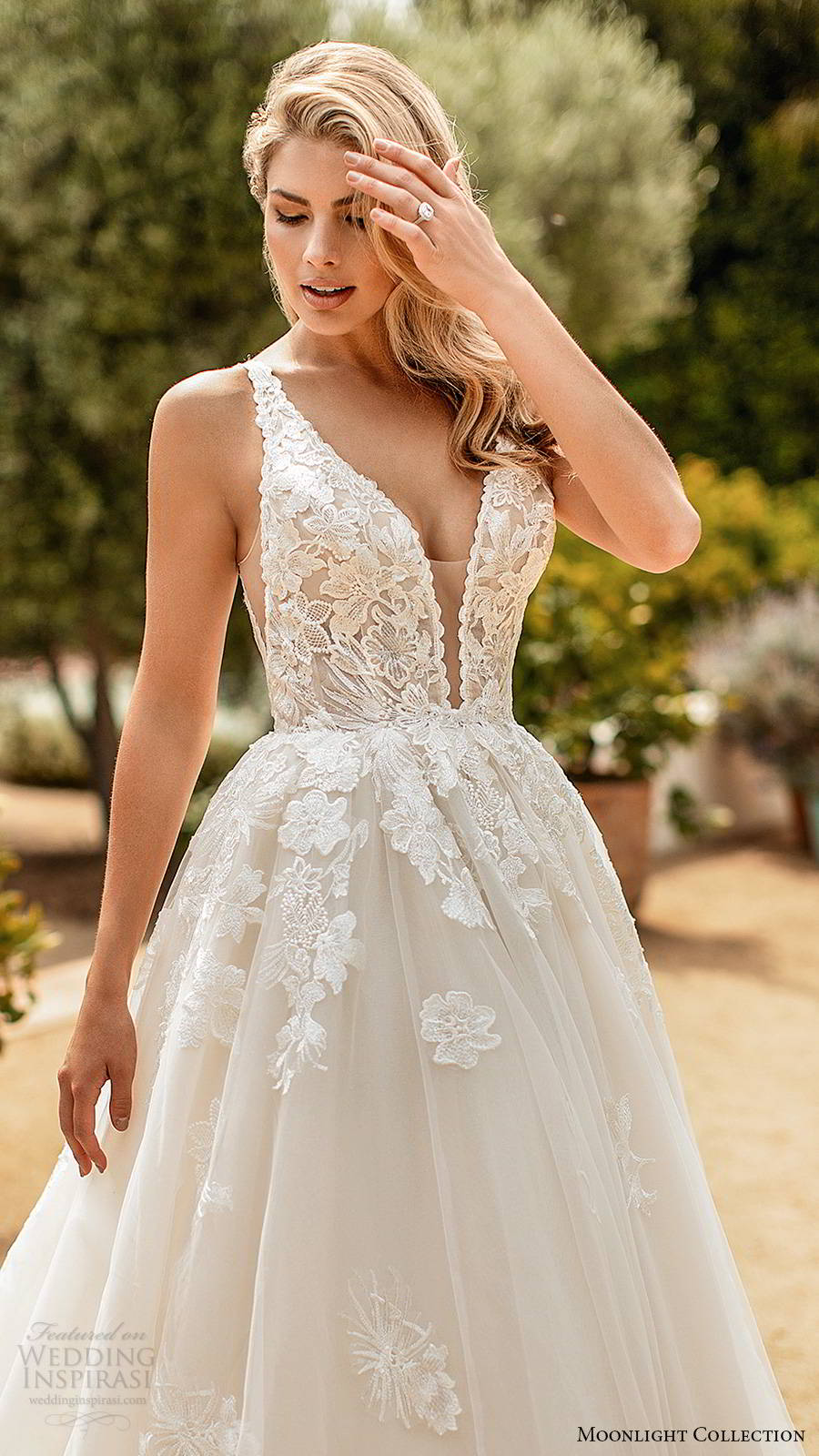 moonlight collection spring 2020 bridal sleevess thick straps plunging v neckline embellished bodice princess ball gown wedding dress v back chapel train (6) zv