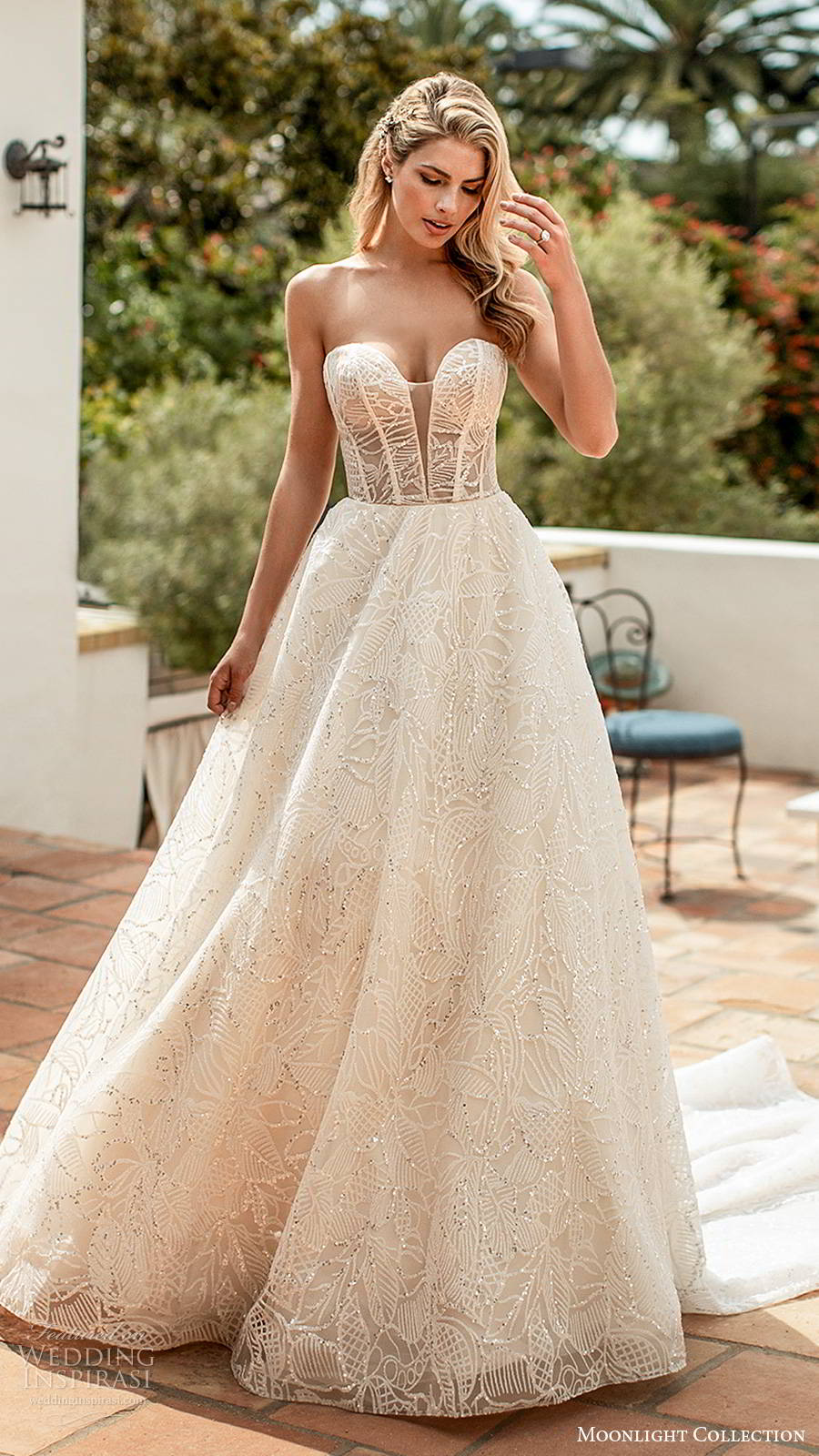 moonlight collection spring 2020 bridal straplesss sweetheart neckline sheer bodice fully embellished glitzy romantic a line ball gown wedding dress chapel train (9) mv