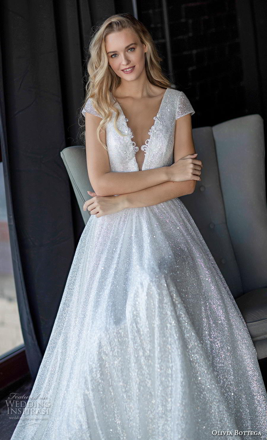 olivia bottega 2020 bridal cap sleeves deep v neck full embellishment glitzy glamorous a  line wedding dress sheer button back short train (13) mv