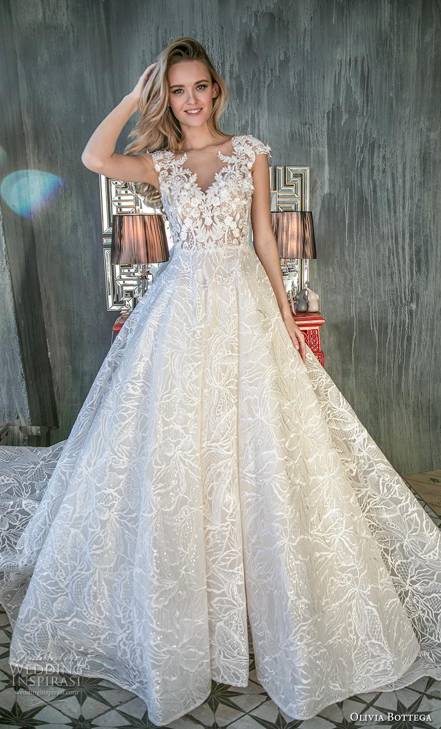 olivia bottega 2020 bridal cap sleeves v neck full embellishment romantic a  line wedding dress sheer button back chapel train (9) mv