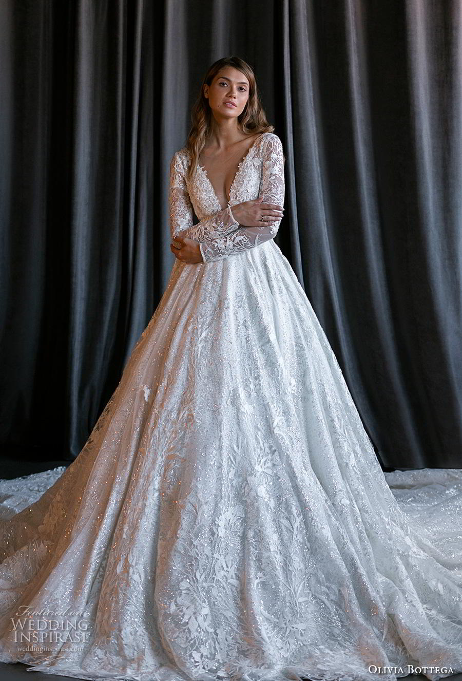 olivia bottega 2020 bridal long sleeves deep v neck full embellishment glamorous princess a  line wedding dress sheer button back royal train (12) mv