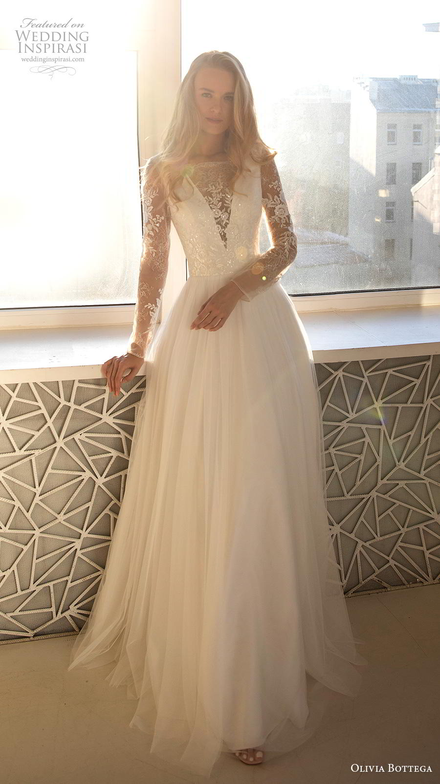 olivia bottega 2020 bridal long sleeves illusion bateau deep v neck heavily embellished bodice elegant a  line wedding dress sheer lace back sweep train (11) mv