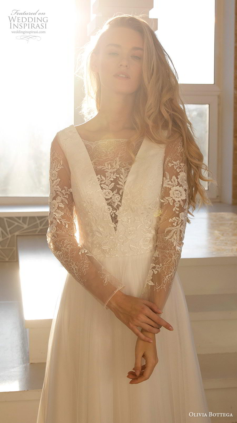 olivia bottega 2020 bridal long sleeves illusion bateau deep v neck heavily embellished bodice elegant a  line wedding dress sheer lace back sweep train (11) zv