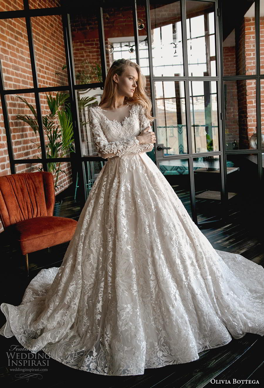 olivia bottega 2020 bridal long sleeves scoop neckline full embellishment glamorous princess ball gown a  line wedding dress sheer lace back royal train (3) mv