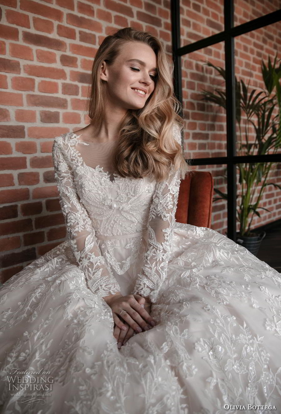 olivia bottega 2020 bridal long sleeves scoop neckline full embellishment glamorous princess ball gown a  line wedding dress sheer lace back royal train (3) zv