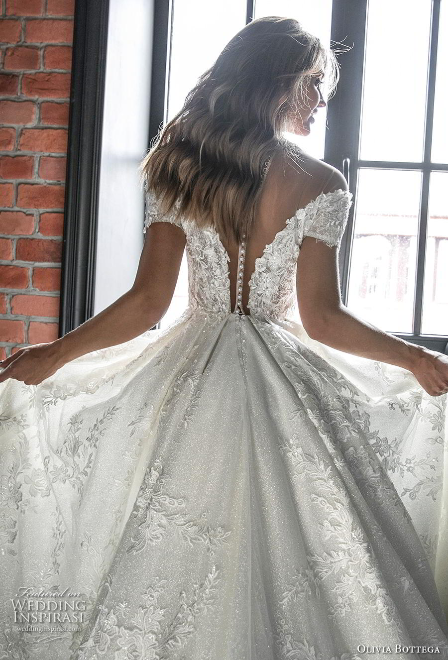 olivia bottega 2020 bridal short sleeves illusion jewel plunging sweetheart neckline full embellishment romantic a  line wedding dress sheer button v back long train (7) zbv